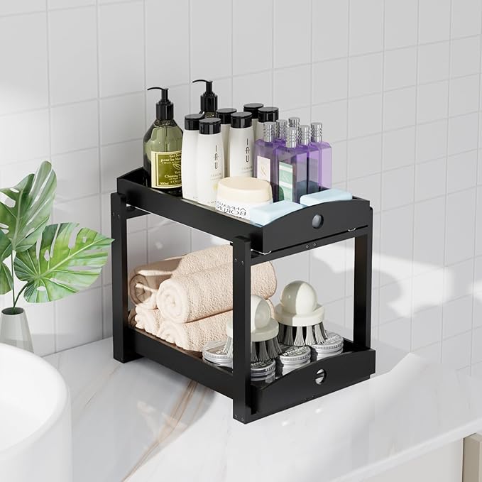 APRTAT 2 Pack Under Sink Organizer, Bamboo Wooden 2-Tier Pull-Out Storage with Sliding Drawers for Kitchen and Bathroom Cabinets, Easy Installation (Black)
