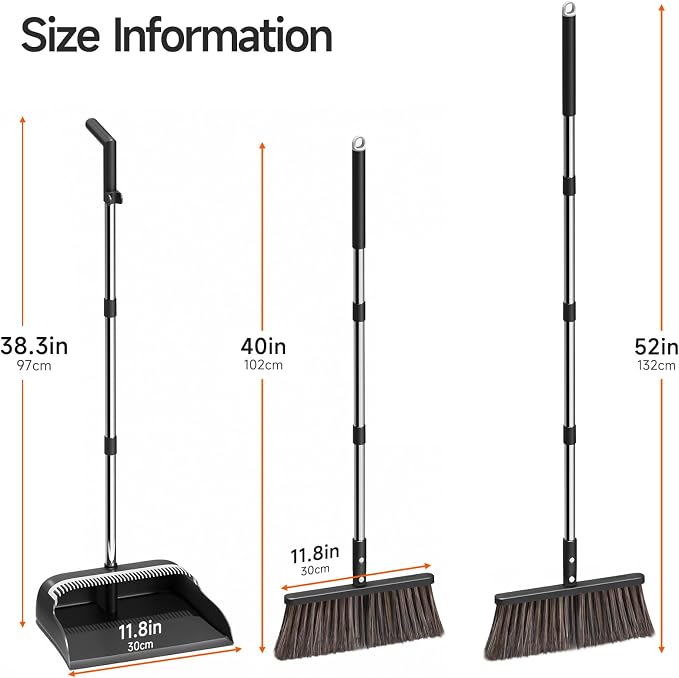 CTIME Broom and Dustpan Set, Adjustable with Dust Pan Teeth | 52" Long Handle Standing Dustpan Set , Extra Brush Head for Home Kitchen Office Lobby