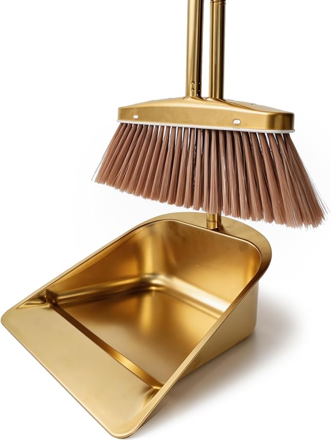 Gold Broom and Dustpan Set, Minimalist Upright Sweeper with Long Handle, Heavy Duty Stainless Steel Metal Dust Pan Combo for Home, Kitchen, Office and Indoor Outdoor Use (Gold Basic)