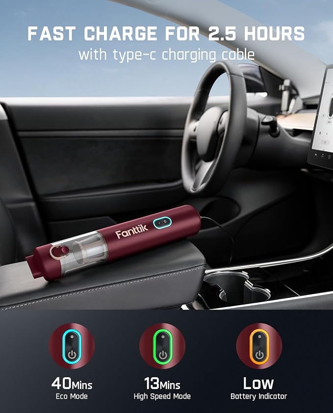 Fanttik Slim V8 APEX Car Vacuum, 4-in-1 Portable Mini Cordless Vacuum with 19000pa Suction Power for Pet Hair, Type-C Charge, One-Touch Empty for Car, Office Desk, Keyboards (Red)
