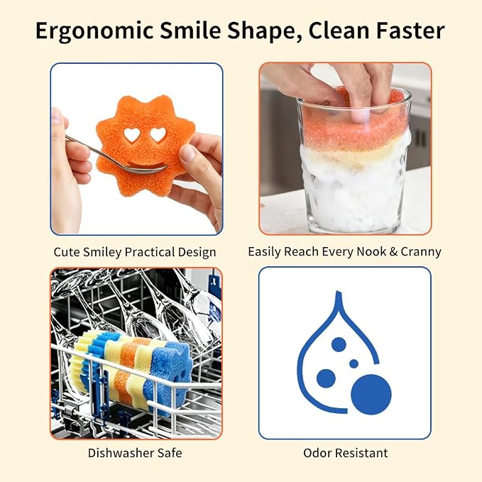 8 Pack Scrub Sponges, BIH Smile Dual-Sided Dish Sponge, 2 Shapes Temperature Sensitive Non Scratch Kitchen Sponges for Kitchen, Bathroom, Windows & All Household Surfaces, Stain & Odor Resistant