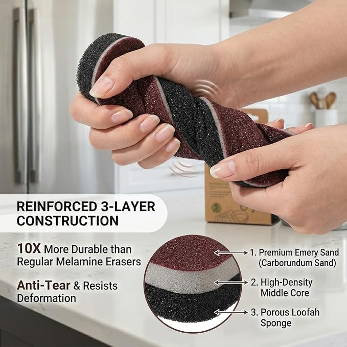 Heavy Duty Carborundum Sponges for Kitchen (5-Pack) - Premium Emery Cleaning Eraser Sponge & Non-Scratch Imitation Loofah Scrubber, Tough Stain & Rust Remover for Pot Bottoms, Cast Iron, Sinks