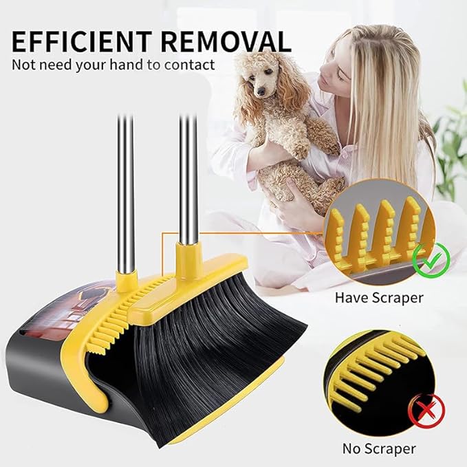 2-Pack is More economical,Brooms with Dustpan Combo Set， with 52" Long Handle, Dustpan Teeth with self-Cleaning Function, Indoor and Outdoor Sweeping, Perfect for Home Office (Large/Yellow/ 2-Pack)