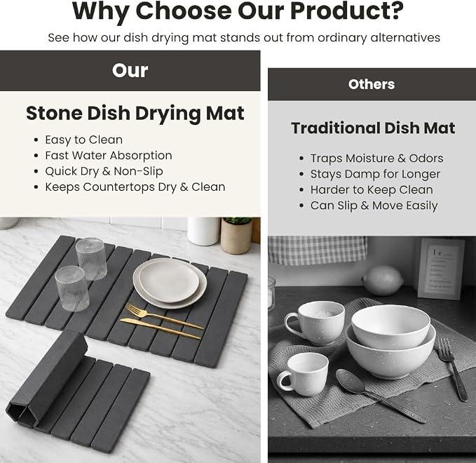 Stone Dish Drying Mat for Kitchen Counter, Large Quick Dry Diatomaceous Earth Stone Drying Mat, Foldable Water Absorbent Dish Drying Mat for Dishes, Cups, Bottles, Kitchen Sink & Countertop (Grey)