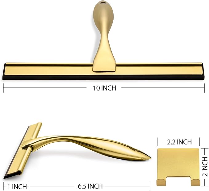 HIWARE All-Purpose Shower Squeegee for Shower Doors, Bathroom, Window and Car Glass - Brass, Stainless Steel, 10 Inches
