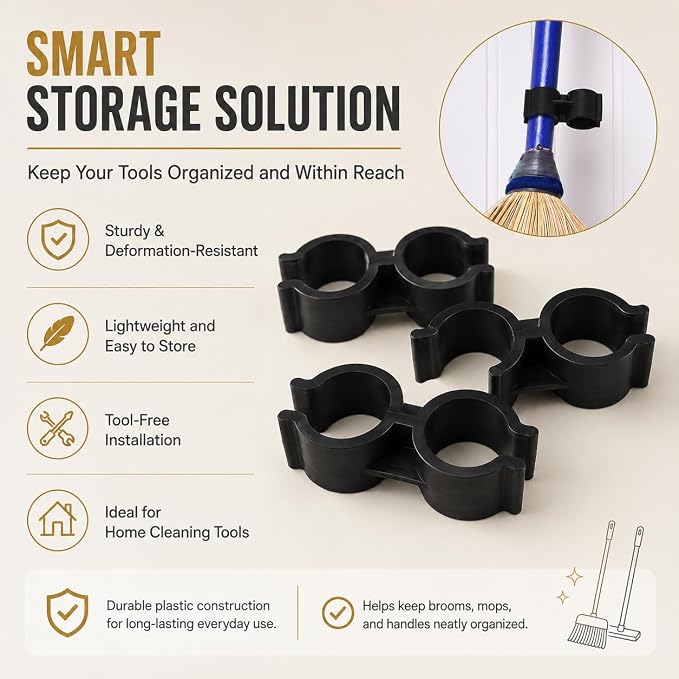 Garneck 4pcs Double Pipe Broom Clips: Plastic Connection Buckles Fits 1 8-2cm Diameter Dustpan Broom Wall Holder Clamp for Storage Cleaning Tool, Easy Installation