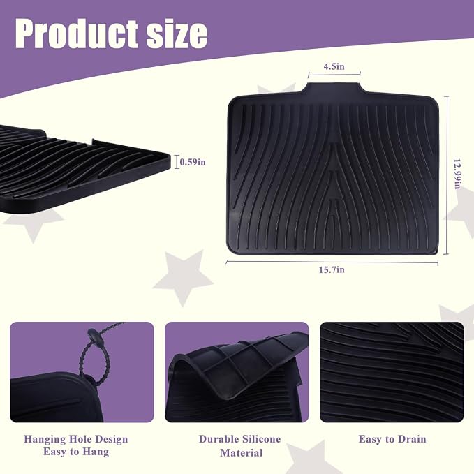Silicone Dish Drying Mat for Kitchen Counter,16"X13" With Built-in Drain Lip,Food-Grade Silicone, Heat-Resistant Eco-friendly Hygienic Drying Mat Leak-Proof and Non-Slip, Multi-Functional Use（Black）