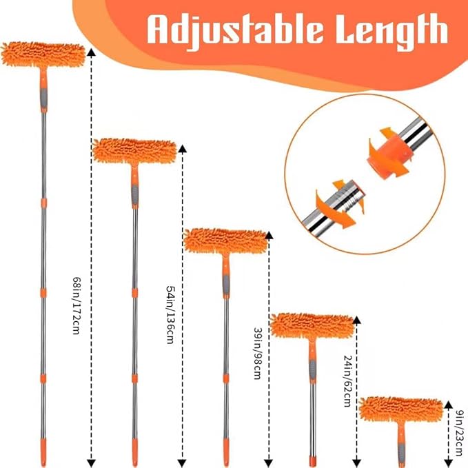 2-in-1 Window Cleaner Tool, 68'' Squeegee for Window Cleaning | Extension Pole, Scrubber with Rotating Head, Streak-Free Squeegee, Thickened Stainless Steel, In/Outdoor Washing Equipment