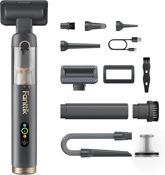 Fanttik Slim V10 APEX Cordless Car Vacuum, 4-in-1 Portable Mini Handheld Vac, 19kPa Suction Power, Upgraded Smart Digital Display, 2 Suction Modes for Small Jobs, Car, Office Desk, Keyboards (Gray)