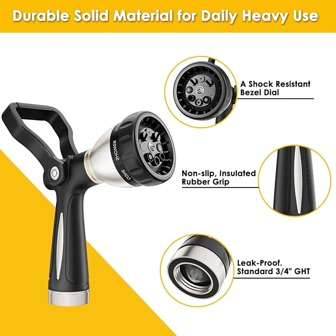 FANHAO Fireman Style Water Hose Nozzle Heavy Duty Metal, 8 Spray Patterns | Large Lever Control, Non-Slip Ergonomic Grip, High Pressure, Rustproof Leakproof Garden Hose Sprayer for Garden, Car & Pet