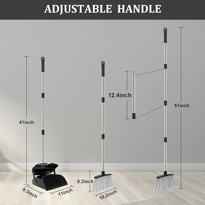 Broom and Dustpan Set, 51" Long Handle Broom with Dustpan Combo Set, Windproof Standing Dust pan with Self-Cleaning Teeth, Household Set Sweep Kitchen Office Lobby Pet Room