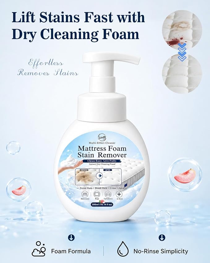 Snowlily Mattress Stain Remover Foam Spray - Multi-Surface Fabric and Upholstery Cleaner, Pet-Safe, Non-Toxic, Quick-Drying for Mattress, Couch, Carpet,300ml