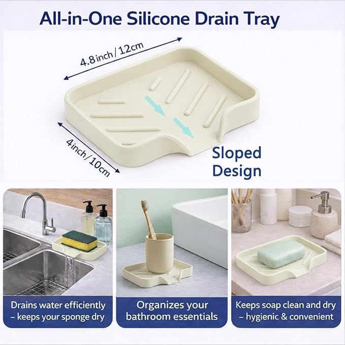 Large Silicone Dish Drying Mat – 23"x17" Sloped Sink Draining Tray with Sponge Holder for Kitchen Counter, Angled Surface for Water Drainage, Silicone Rack Mat with Drain Lip(Beige)