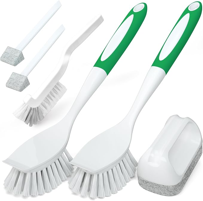 Holikme 6 Pack Dish Brush with Handle Kitchen Cleaning Brush Set for Pot, Pan, Kitchen Sink Abrasive Wheel Brushes (Green)