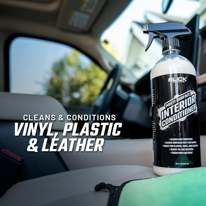 Slick Products Multi-Surface Interior Conditioner – Cleans & Conditions Vinyl, Plastic & Leather – Non-Greasy Car Interior Cleaner & Protectant – Fresh New Car Scent – 32 oz.