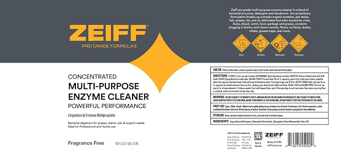 Zeiff Pro-Grade Multi-Purpose Probiotic Enzyme Cleaner - Pet Stain and Odor Remover, Drain Cleaner - Powerful Cleaning & Odor Eliminating Formula For Professional & Home Surfaces - 32 Ounce