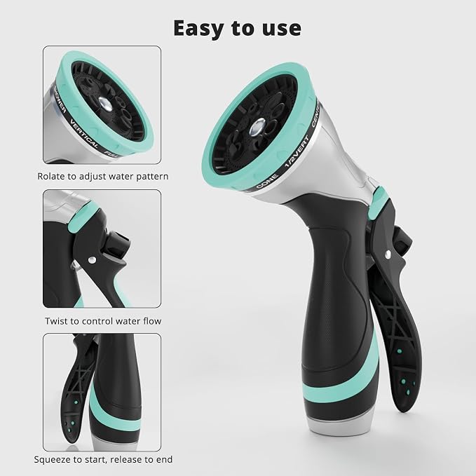QUOBAS Metal Garden Hose Nozzle, Heavy Duty Water Hose Sprayer, Leak Proof | 10 Pattern Water Nozzle with Rubber Gasket, Garden Sprayer for Watering Plants, Washing Cars, Pet Shower, Blue, 2-Pack