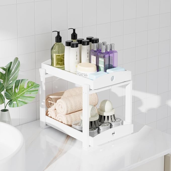 APRTAT 2 Pack Under Sink Organizer, Bamboo Wooden 2-Tier Pull-Out Storage with Sliding Drawers for Kitchen and Bathroom Cabinets, Easy Installation (White)