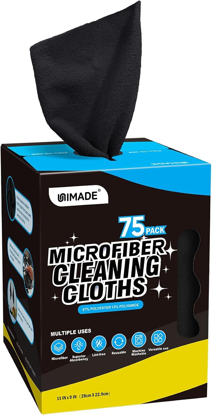 UNIMADE Microfiber Cleaning Cloth, 75 Sheets Microfiber Towels for Cars Commercial Grade Washcloths Lint-Free Bulk Shop Towel Cleaning Rags for Household Restaurant Garage Housekeeping, 11"x 9", Black