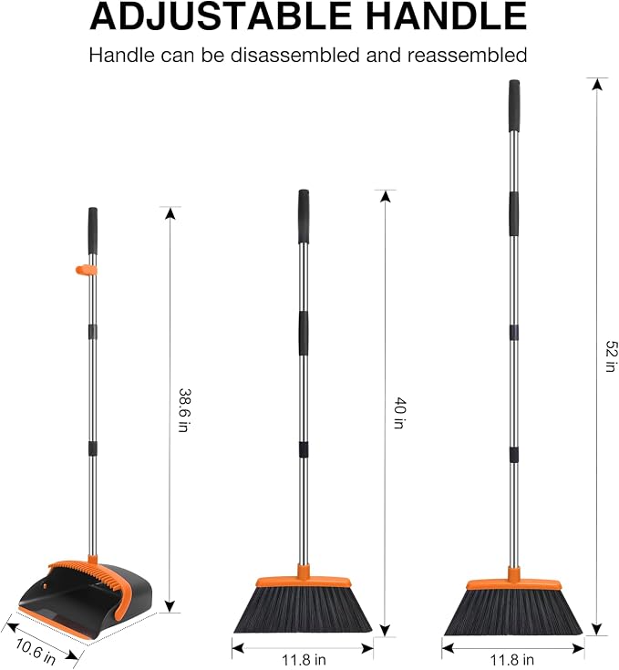 NACENA Broom and Dustpan Set with 52-in Long Adjustable Handle,Black Orange | Broom Dustpan Combo with Dustpan Teeth to Automatically Clean Hair Suitable for Home Kitchen Office Hall Floor