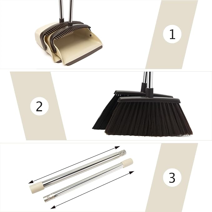 Broom and Dustpan Combo Set,55" Long Handle,Beige | Heavy Dust,Dustpans with Broom Combo,House Accessories for Home, Kitchen,Office,Classroom,Apartment,Pet Hair