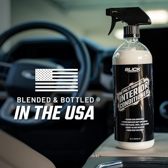 Slick Products Multi-Surface Interior Conditioner – Cleans & Conditions Vinyl, Plastic & Leather – Non-Greasy Car Interior Cleaner & Protectant – Fresh New Car Scent – 16 oz.