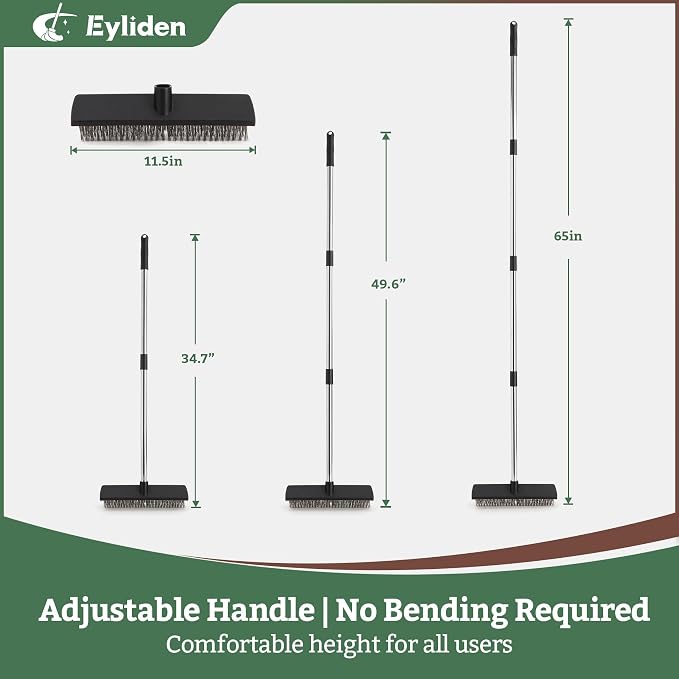 Eyliden Push Broom, 11.5-inch, Heavy Duty Moss Wire Scrub Brush | Stainless Steel Bristles, 65" Long Handle, for Deck, Floor, Concrete, Roof, Patio, Pool, Outdoor Cleaning