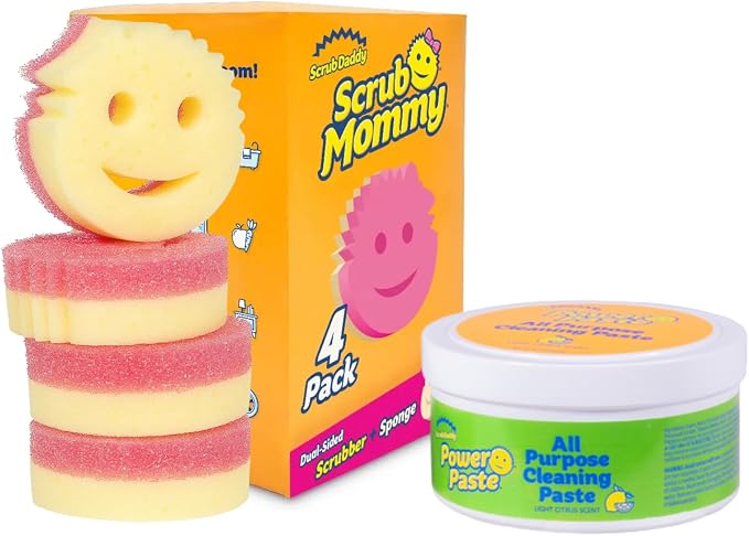 Scrub Daddy Sponges & PowerPaste XL Value Pack - 4 Scrub Mommy Multipurpose Dish Sponges & PowerPaste XL All-Purpose Cleaning Paste - Scratch-Free, Multi-Surface Household Cleaning Supplies Kit (5ct)