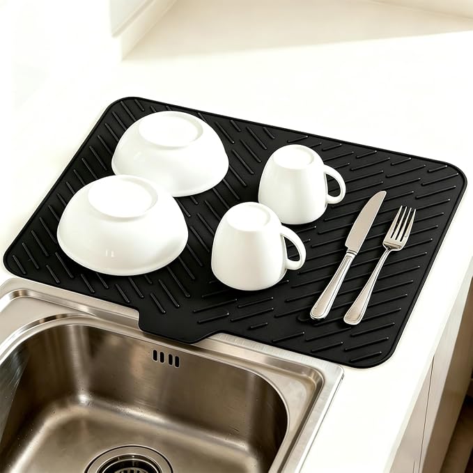 Silicone Dish Drying Mat for Kitchen Counter,23"X17" With Built-in Drain Lip,Food-Grade Silicone, Heat-Resistant Eco-friendly Hygienic Drying Mat Leak-Proof and Non-Slip, Multi-Functional Use（Black）