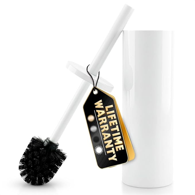 Stainless Steel Toilet Brush and Holder Set, Splash Guard (White) | White Toilet Bowl Brush and Holder Set, Removable Bowl, Dense Bristles, Long Handle, Scratch Resistant, for Modern Bathrooms