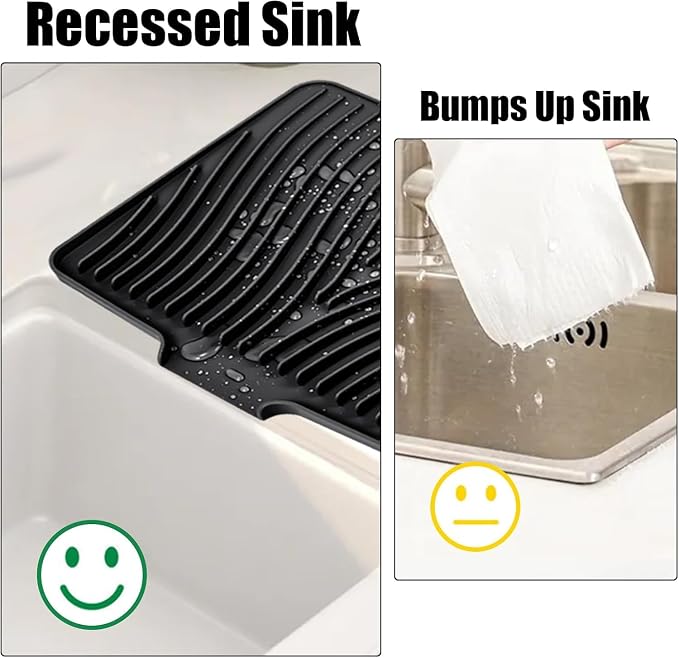 TIKNIK Silicone Dish Drying Mat for Kitchen Counter - Heat Resistant & Non-Slip Dish Drain Pad with Built-In Drain, Dishwasher Safe, Quick-Dry, Hangable & Roll-Up for Storage, Black-1pc, 16" x 12"