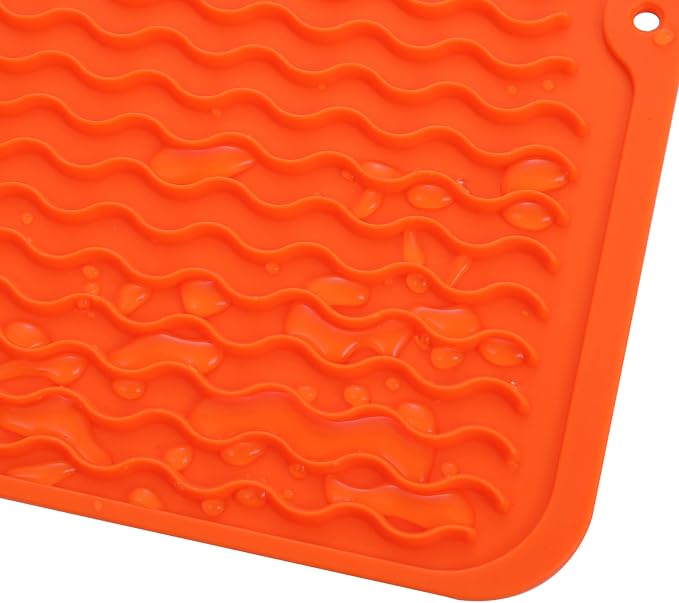 MicoYang Silicone Dish Drying Mat — Quick-Dry Ridges Counter & Sink Pad, Heat-Resistant Trivet to 450°F, Non-Slip & Dishwasher Safe, Roll-Up Storage, 18 Colors & 9 Sizes (Orange, 16"×12")