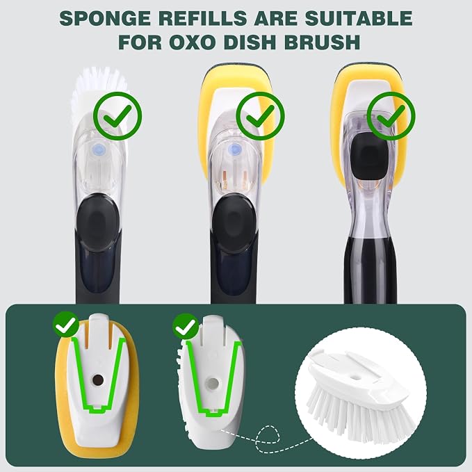 Sponge Brush Refills for OXO Soap Dispensing Dish Brush 8 Pack Refill Heads | Scrub Replacement Head for Scrubber Non-Scratch Sponge Replacement Head Fits Soap Dispensing Handle for Pots Pans Sink