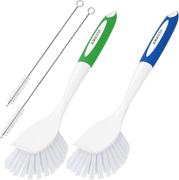 Amazer 4 Pack Dish Brush with Handle, Kitchen Scrub Brushes for Cleaning, Straw Cleaner Brushes for Water Bottle, Dish Scrubber with Stiff Bristles for Sink