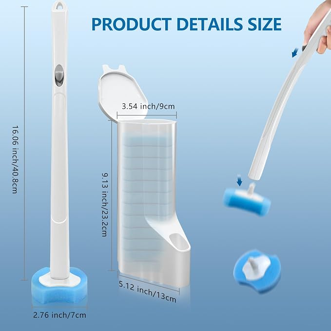Disposable Toilet Brush and Holder Set with 112 Toilet Bowl Wand Refills | Wall-mounted Toilet Scrubber Kit-16.81" ABS Handle&Holder, 112 Sponge Brush Heads for House, Apartment, RV Bathroom Cleaning