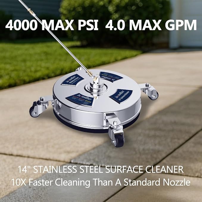 14 Inch Pressure Washer Surface Cleaner – Stainless Steel, 2000–4000 PSI Power Washer Attachment with Wheels, Extension Wands & Quick Connect – Driveway, Patio, Sidewalk, Deck Cleaning Tool