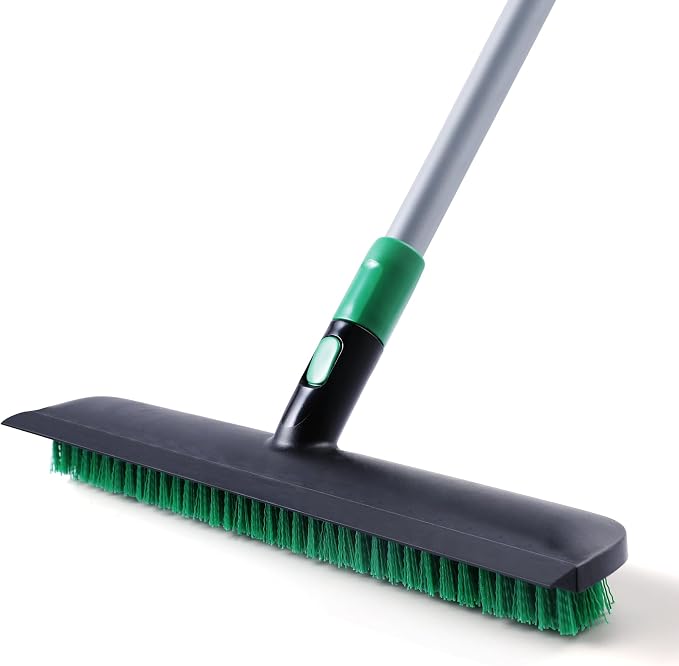 Eyliden Floor Scrub Brush, 15-inch Wide, 55" Long Handle, Deck Scrubber | 2-in-1 Stiff Bristles and Rubber Squeegee, 45° Angle Head, Telescoping Handle, for Bathroom Shower Kitchen Patio Garage