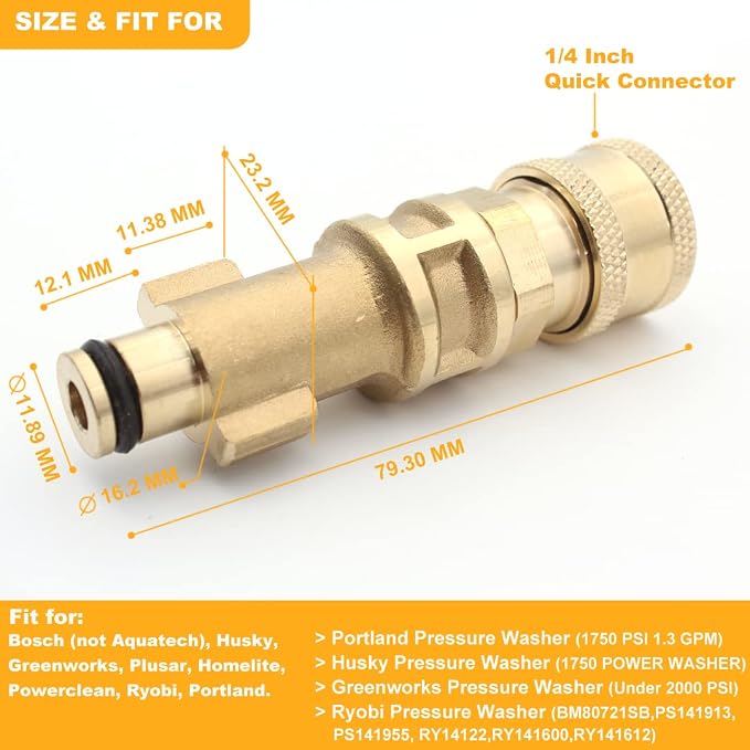 Brass Pressure Washer Gun Adapter,Electric Power Washer Accessory Part,1/4"Quick Connector,5 Nozzle Tips,Compatible with Bosch Portland, Ryobi, Greenworks, Husky,Short Replacement Wand for Foam Cannon
