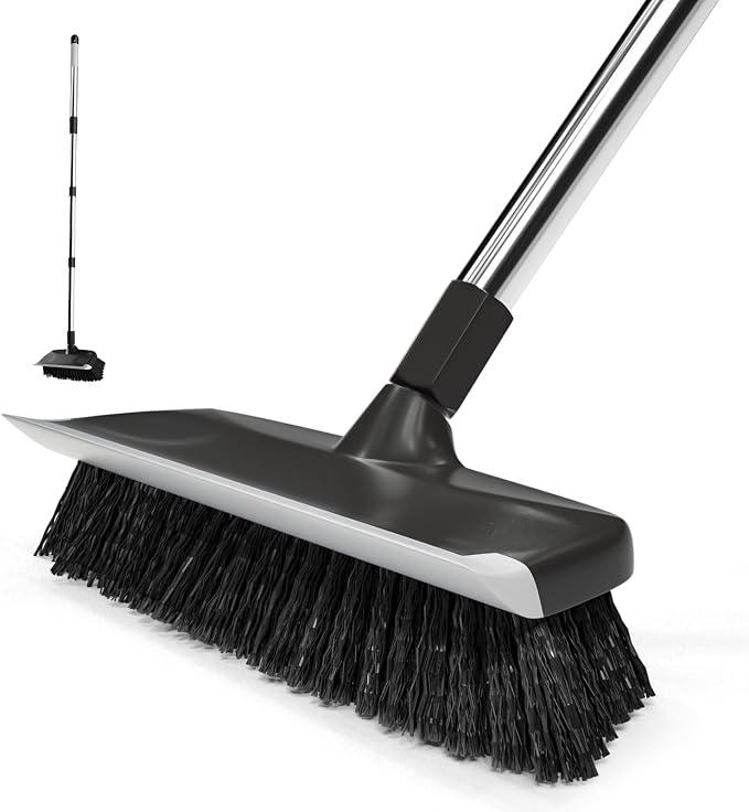 ITTAR Floor Scrub Brush with 55" Long Handle, 10" Wide Stiff Bristles Deck Brush, Stainsless Steel Pole Heavy-Duty Cleaning Brush, 2-in-1 Scrubber with Ruber Squeegee for Deck, Patio, Pool, Tile, Wall