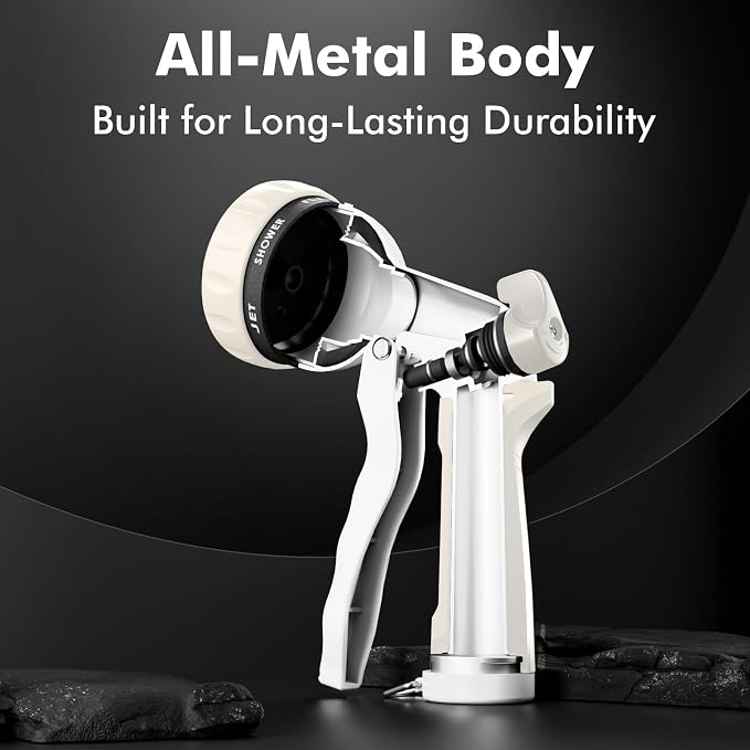 RESTMO Garden Hose Nozzle, Heavy Duty Metal Water Hose Nozzle with 7 Adjustable Spray Patterns, High Pressure Hand Sprayer with Flow Control, Best for Watering Plant & Lawn, Washing Car & Pet, White