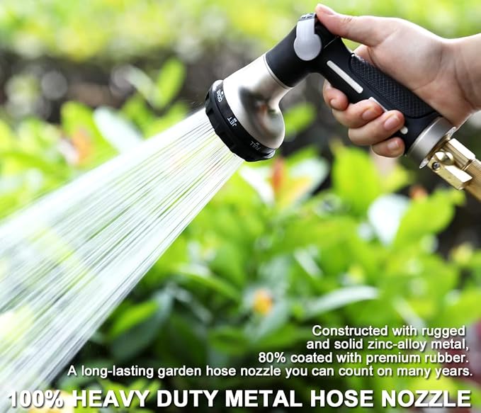 ESOW Garden Hose Nozzle Heavy Duty, 8 Patterns, Thumb On/Off Valve, Black | High pressure sprayer for watering plants, car wash, pet bath. Leak-proof, rustproof. Ergonomic comfort grip
