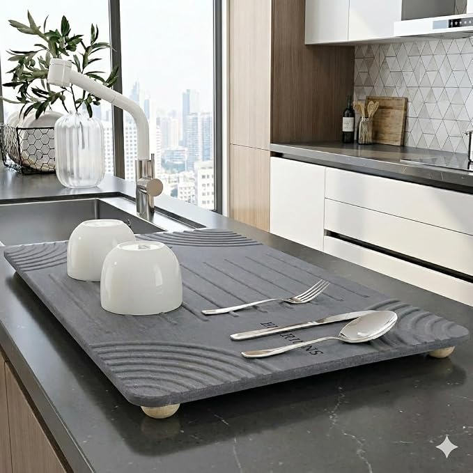 Large Diatomaceous Earth Stone Dish Drying Mat - 24" x 16" Quick Dry Non-Slip Food Grade Fast Absorbent Quartz-Enhanced Rapid Water Absorbing Countertop Mat For Dish Rack
