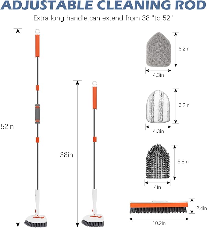 SetSail 4-in-1 Tile Tub Floor Scrubber with V-Shaped Grout Brush, Orange | with 3 Detachable Replacement Brush Head, Multi-Angle Cleaning Locks at 45°, 90°, 180° for Bathroom Kitchen Walls Tub Tile