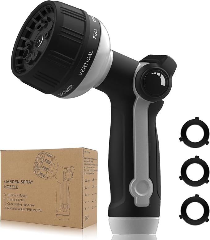 Garden Hose Nozzle Heavy Duty,Metal Water Hose Nozzle with 10 Adjustable Spray Patterns, High Pressure Hose Sprayer Nozzle Thumb Control On Off Valve for Lawn & Plant Watering, Car & Pet Washing