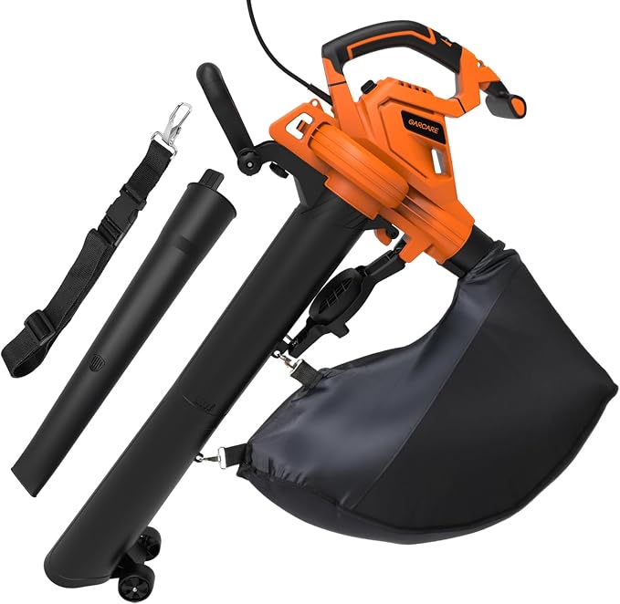 GARCARE 3-in-1 Electric Leaf Blower Vacuum & Mulcher Corded 500 CFM 200 MPH | Corded blower vacuum with collection bag, wheels & shoulder strap. Ideal for lawn, yard & patio leaf cleanup.