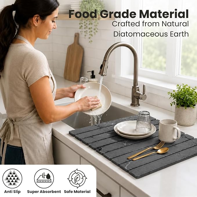 Stone Dish Drying Mat for Kitchen Counter Large Quick Dry Diatomaceous Earth Stone Drying Mat Foldable Water Absorbent Dish Drying Mat for Dishes Cups Bottles Kitchen Sink Countertop (Grey Marble)
