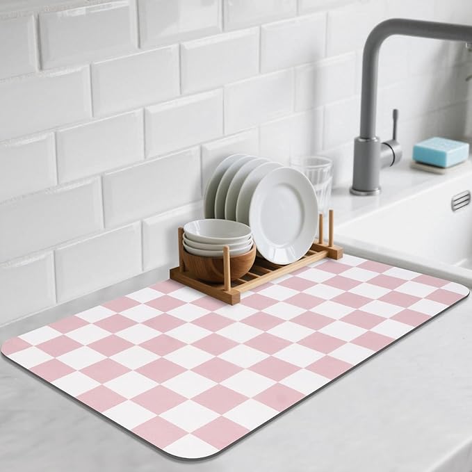 CooRug Checkered Dish Drying Mat, 16" x 24", Pink | Absorbent, Leak-Proof, Non-Slip, Heat Resistant, For Kitchen Counter & Coffee Bar, Eco-friendly Materials, Easy to Clean