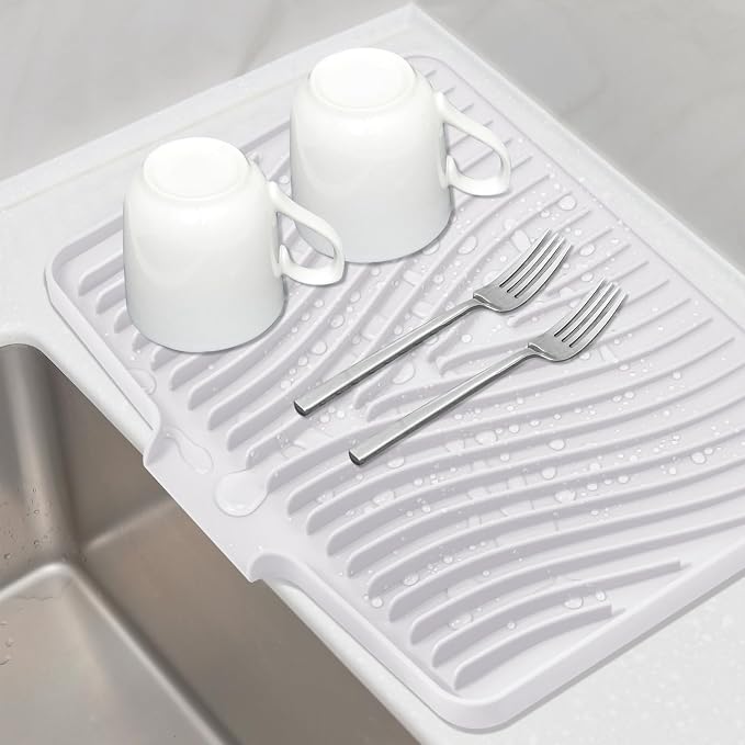 TIKNIK Silicone Dish Drying Mat for Kitchen Counter - Heat Resistant & Non-Slip Dish Drain Pad with Built-In Drain, Dishwasher Safe, Quick-Dry, Hangable & Roll-Up for Storage, White-1pcs, 16" x 12"