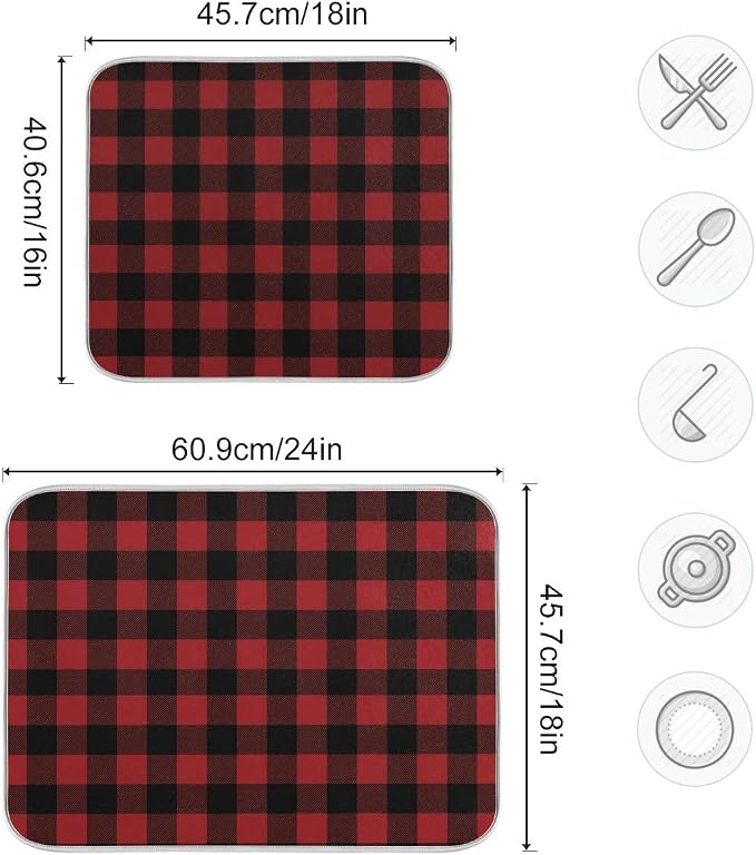 Red and Black Buffalo Plaid Dish Drying Mat 16x18 for Kitchen Merry Christmas Winter Xmas Dishes Pad Dish Drainer Rack Mats Absorbent Fast Dry Kitchen Accessories