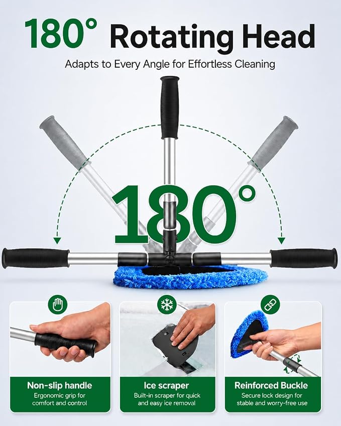 25.5" Extra-Long Reach – Super Absorbent Coral Velvet Windshield Cleaner Tool, Streak-Free Windshield Cleaning Tool Kit with 5 Pads, 2 Spray Bottles & Storage Bag for Auto Glass & Home Windows, Blue
